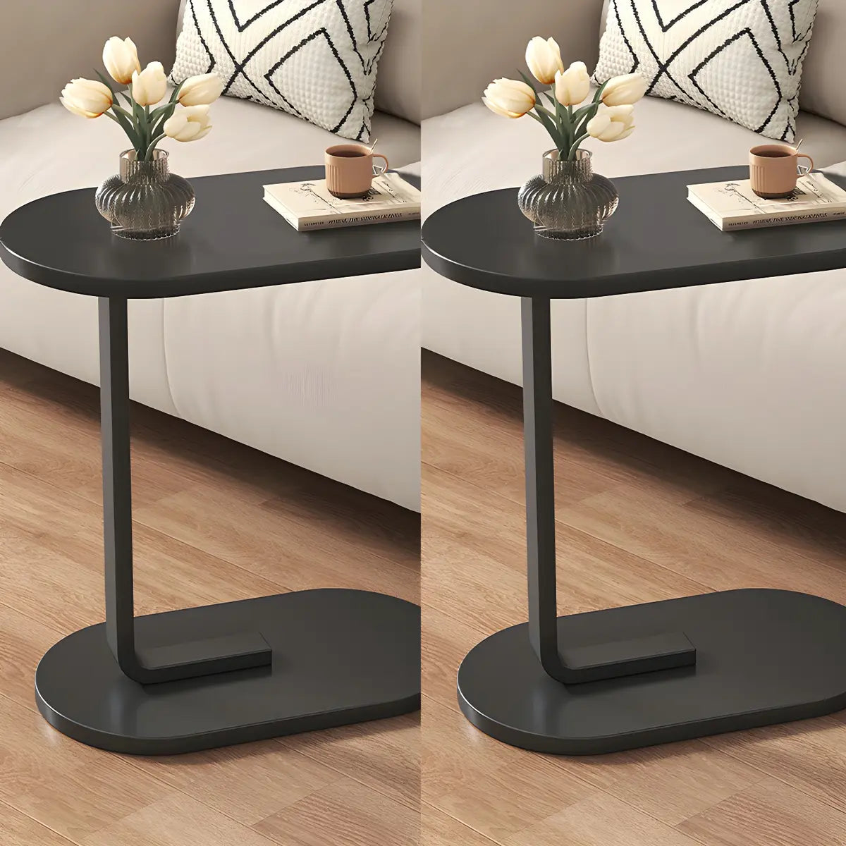 C-Shaped Oval Walnut Iron Base Minimalist Side Table Image - 5