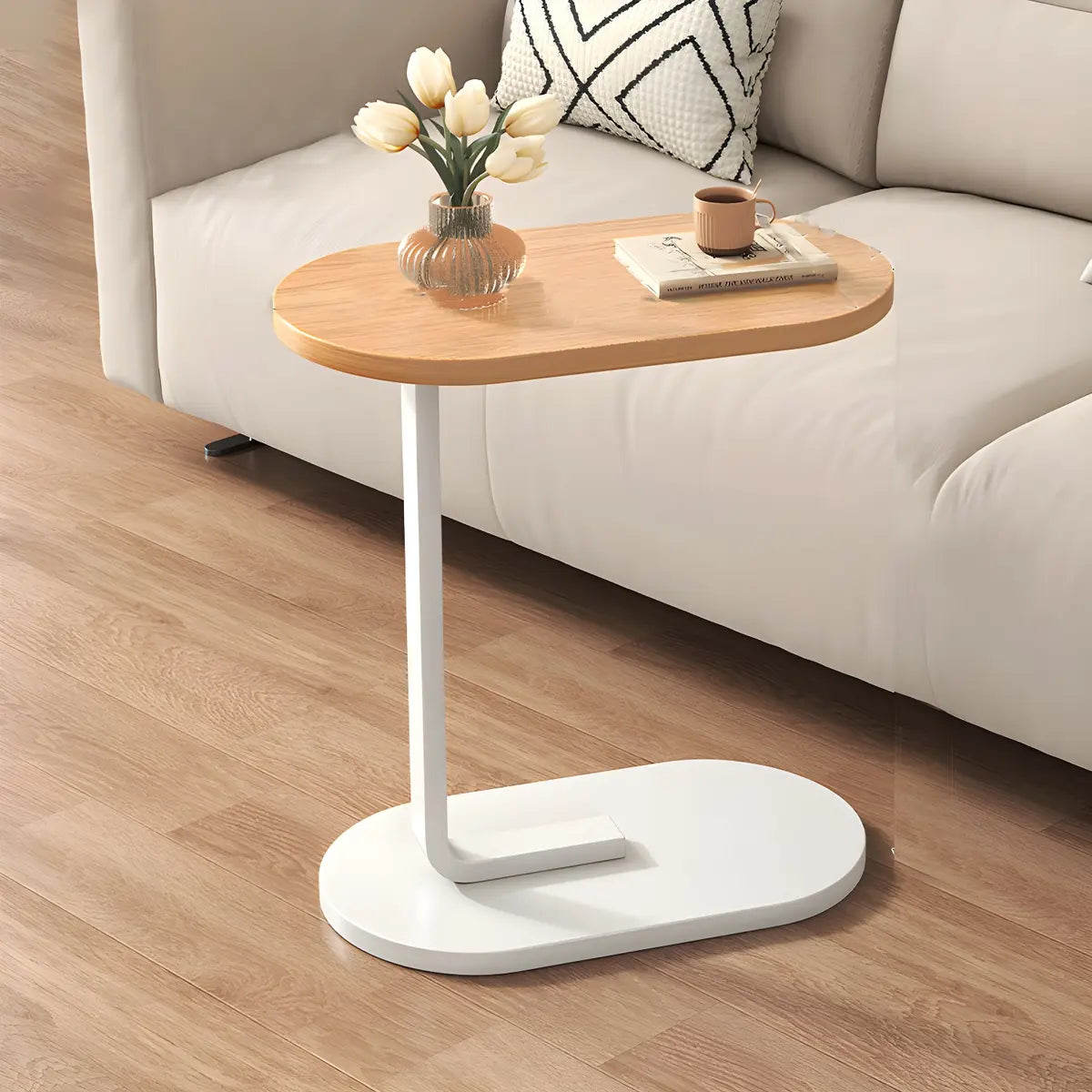 C-Shaped Oval Walnut Iron Base Minimalist Side Table Image - 7