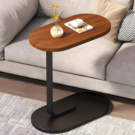 C-Shaped Pedestal Oval Wood and Iron Black Side Table Image - 1