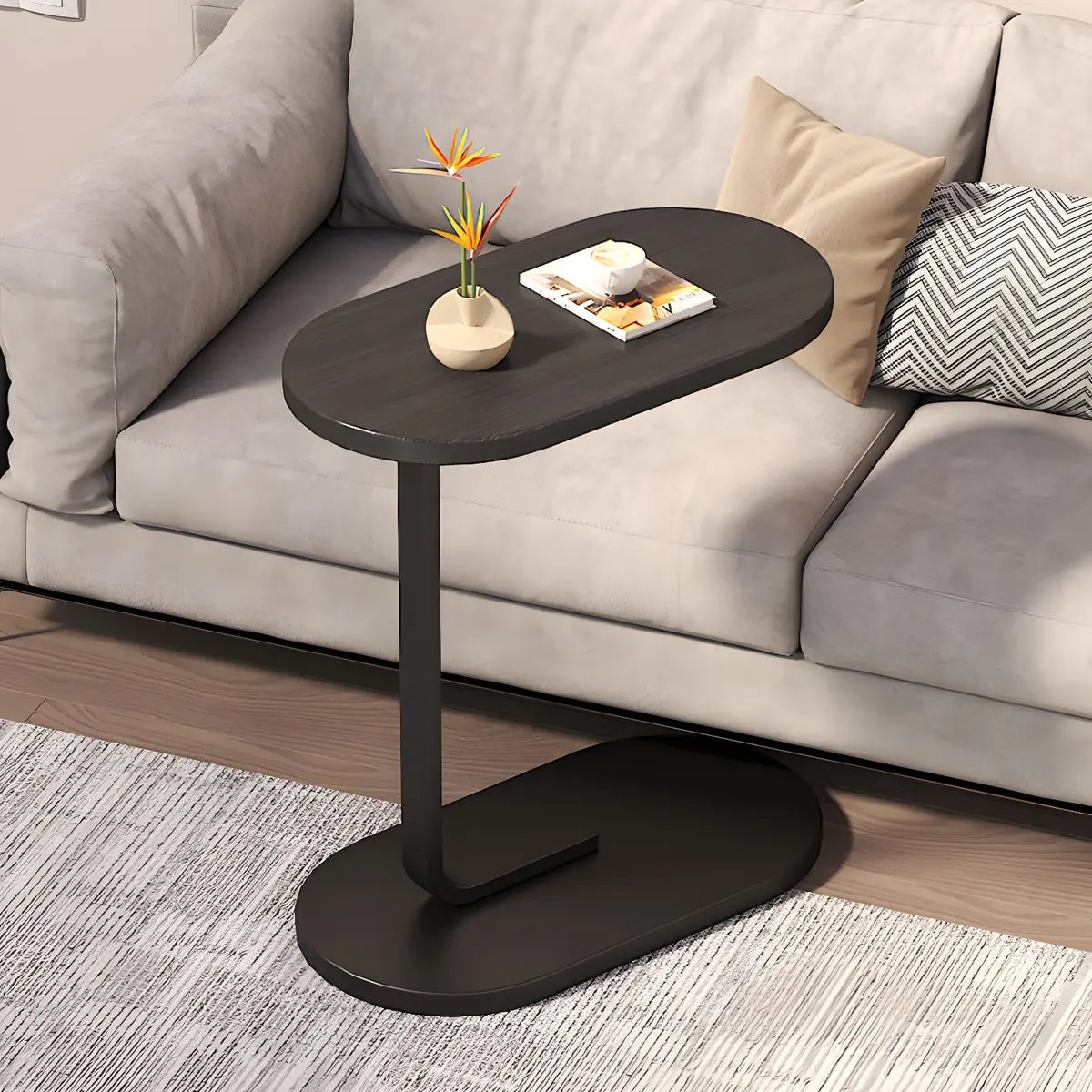 C-Shaped Pedestal Oval Wood and Iron Black Side Table Image - 10