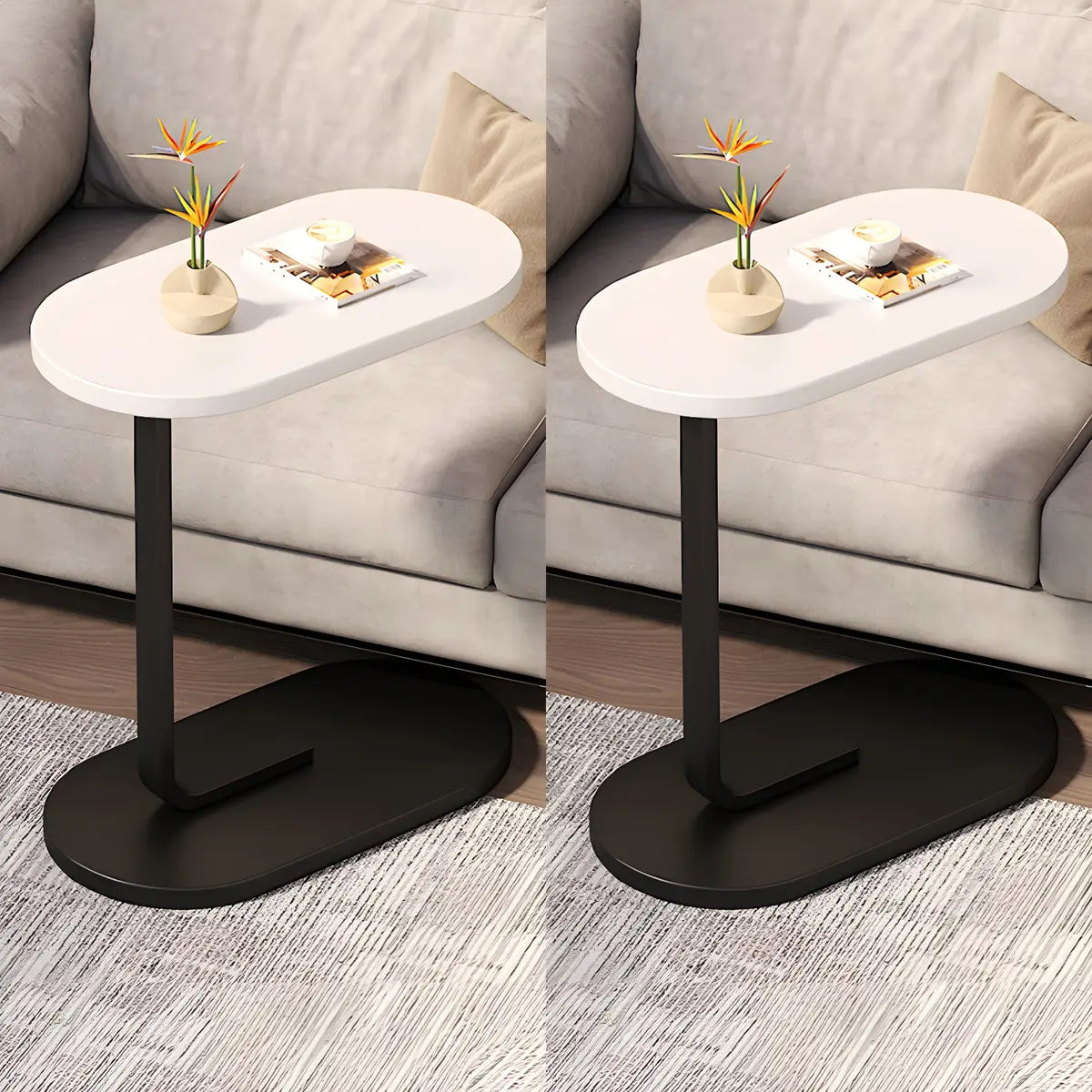 C-Shaped Pedestal Oval Wood and Iron Black Side Table Image - 17