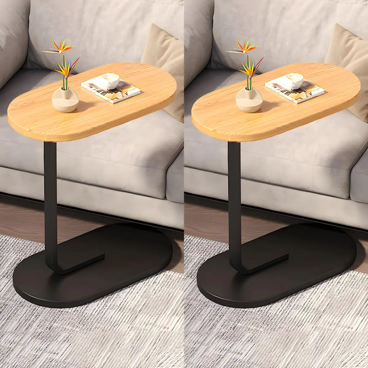 C-Shaped Pedestal Oval Wood and Iron Black Side Table Image - 18