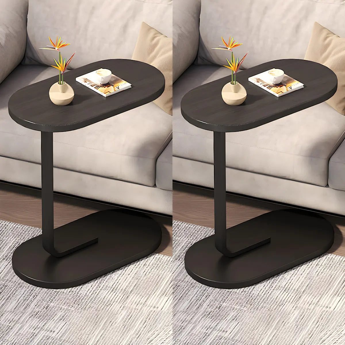 C-Shaped Pedestal Oval Wood and Iron Black Side Table Image - 19