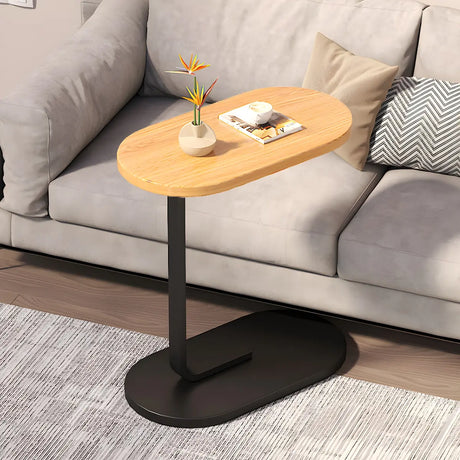 C-Shaped Pedestal Oval Wood and Iron Black Side Table Image - 2