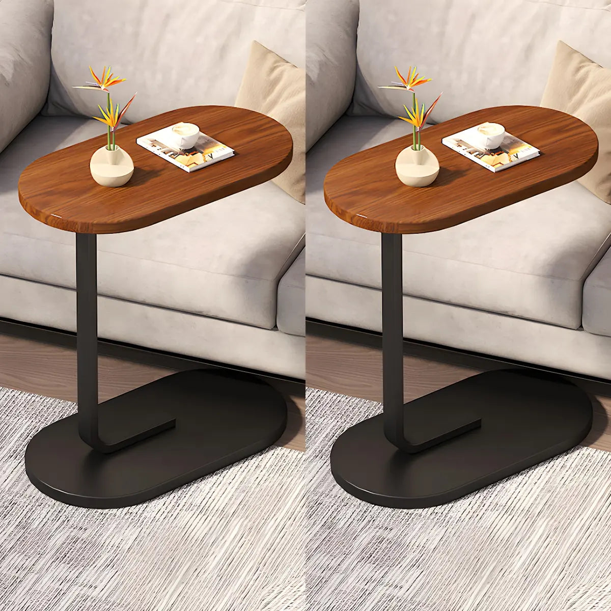 C-Shaped Pedestal Oval Wood and Iron Black Side Table Image - 22