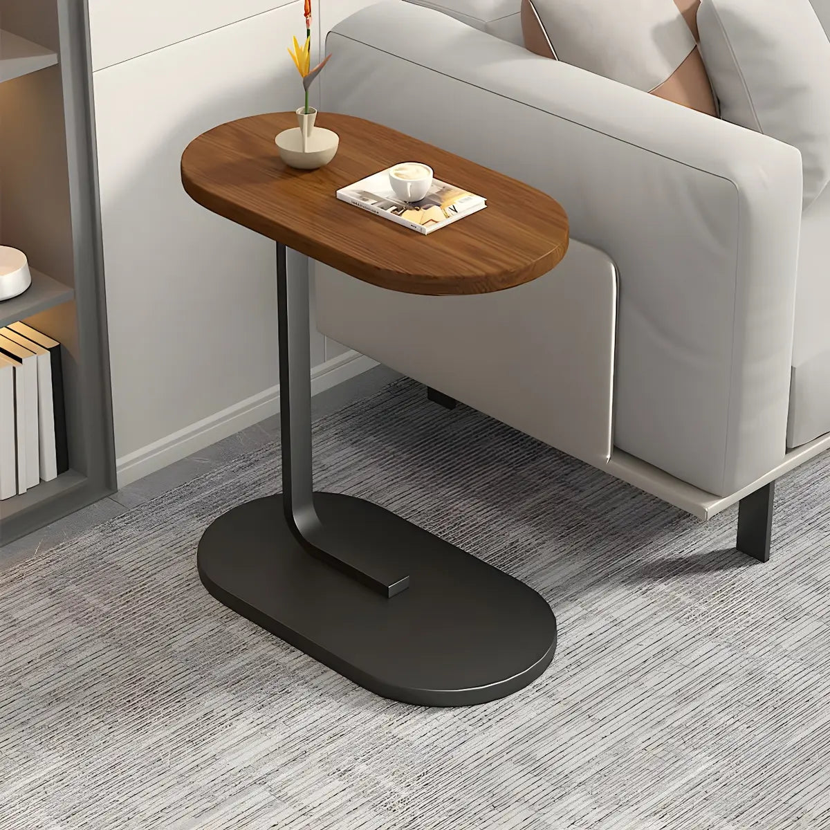 C-Shaped Pedestal Oval Wood and Iron Black Side Table Image - 6