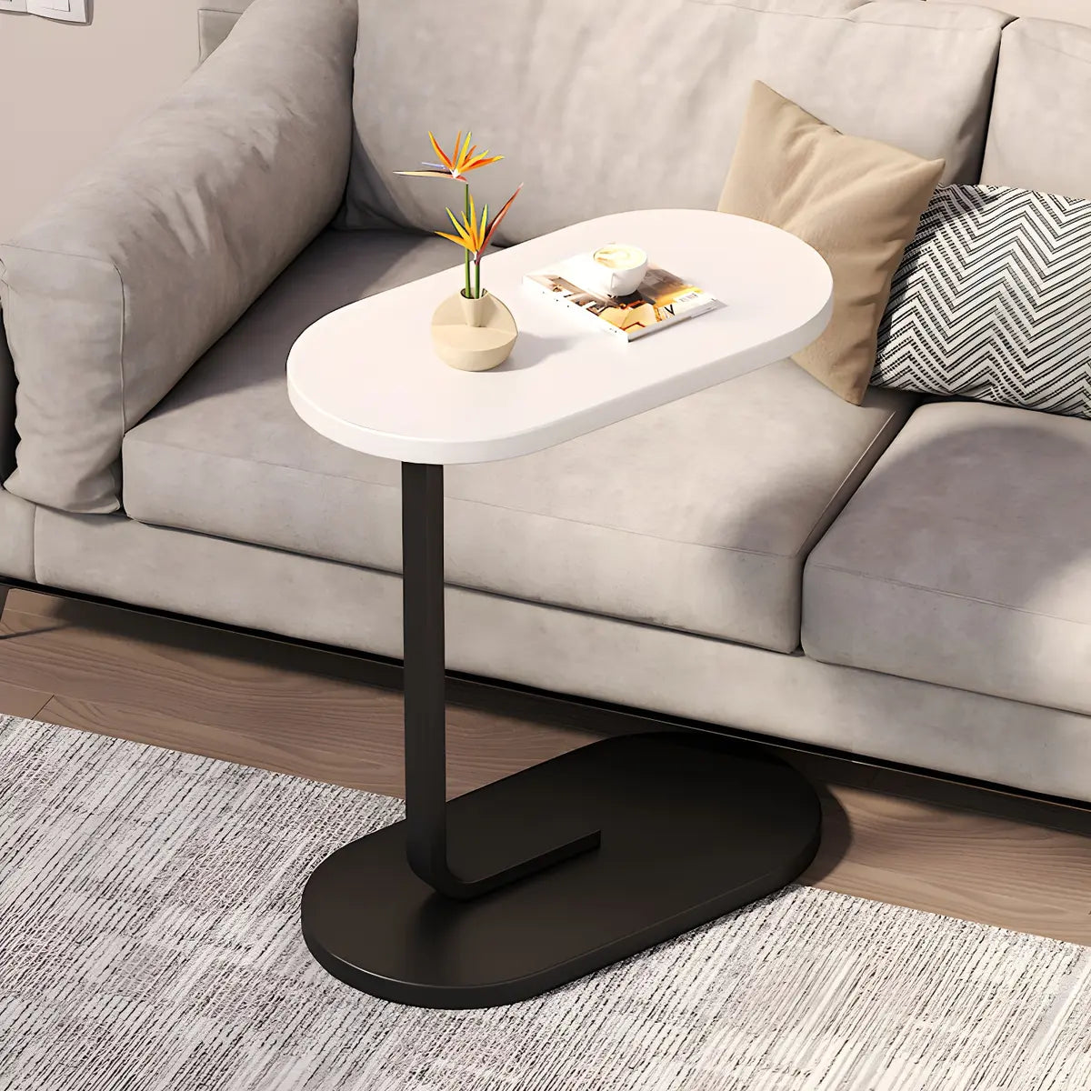 C-Shaped Pedestal Oval Wood and Iron Black Side Table Image - 8