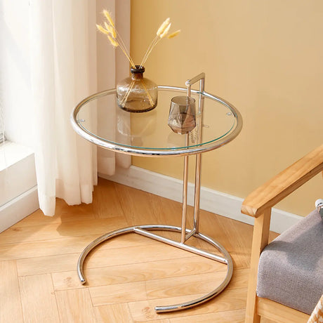 C-Shaped Round Silver Glass Adjustable Height Side Table Image - 1