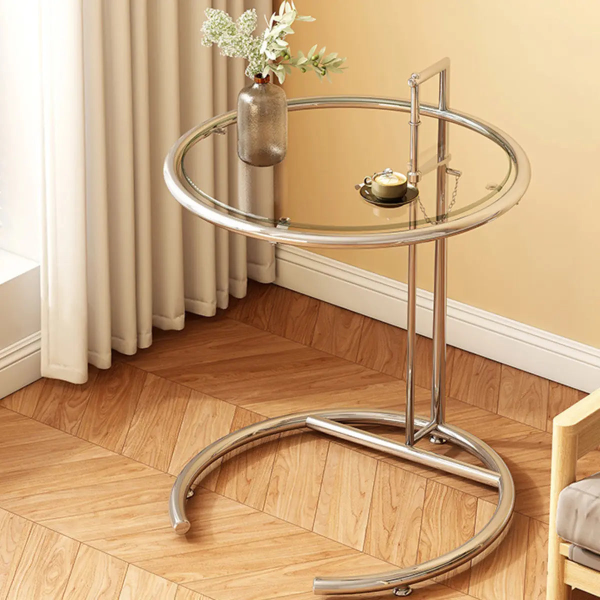 C-Shaped Round Silver Glass Adjustable Height Side Table Image - 15