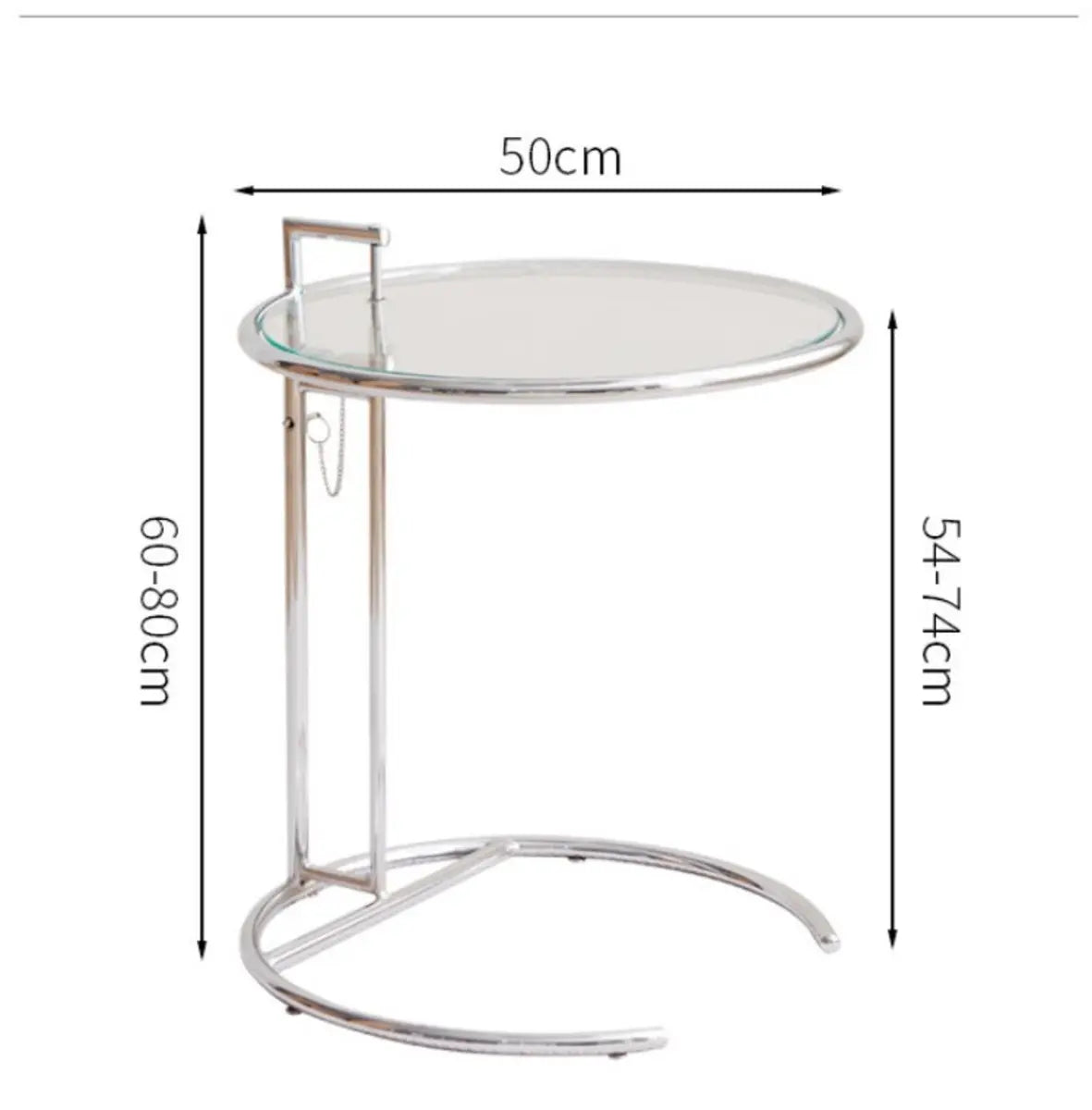 C-Shaped Round Silver Glass Adjustable Height Side Table 