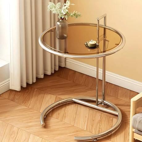 C-Shaped Round Silver Glass Adjustable Height Side Table Image - 2