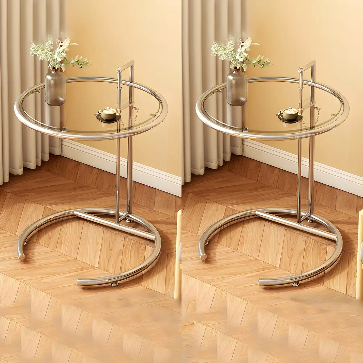 C-Shaped Round Silver Glass Adjustable Height Side Table Image - 3