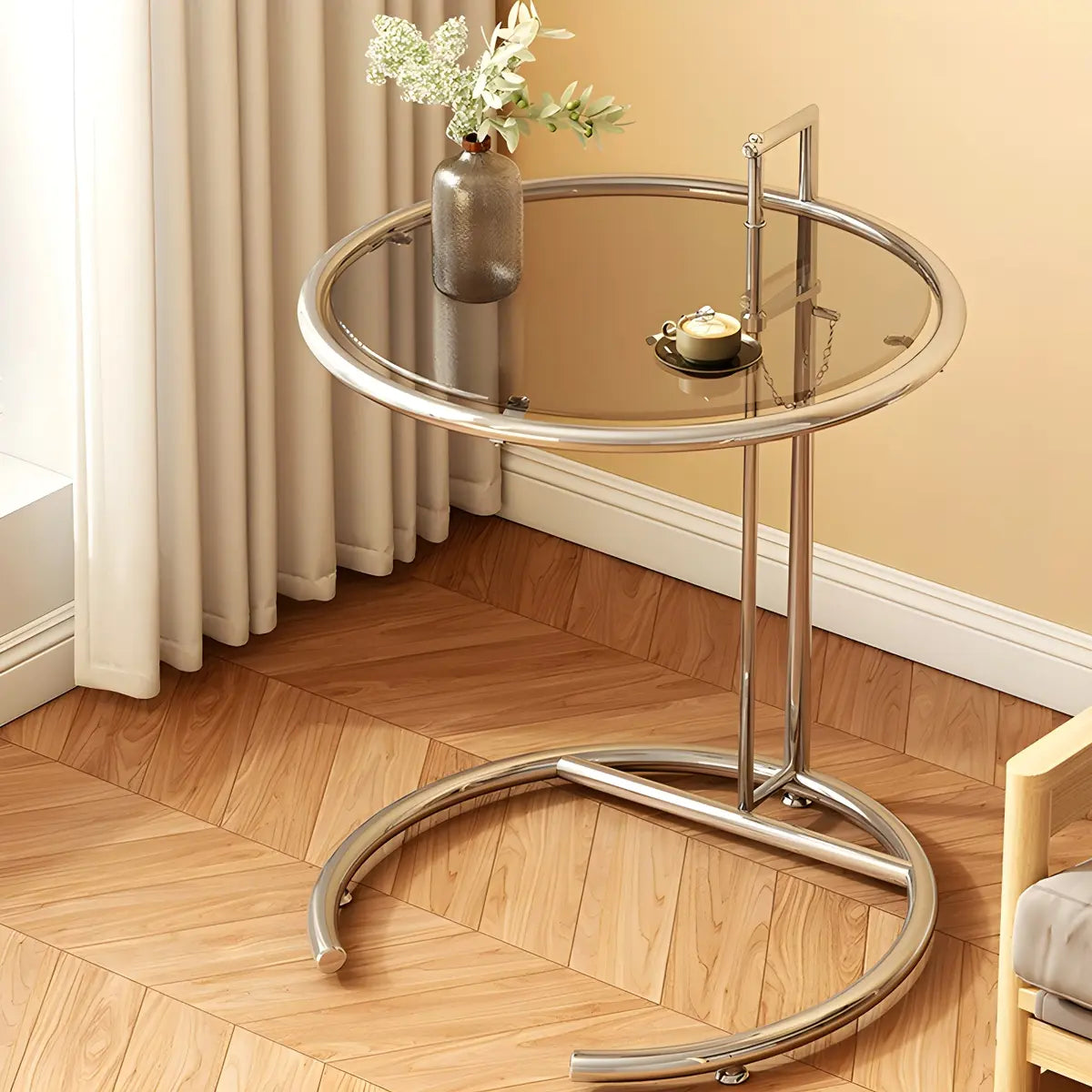 C-Shaped Round Silver Glass Adjustable Height Side Table Image - 5