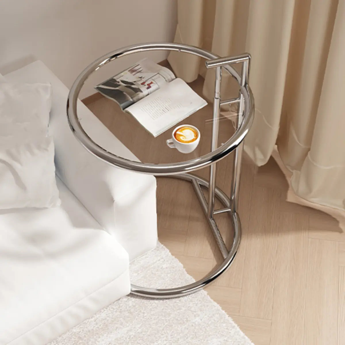 C-Shaped Round Silver Glass Adjustable Height Side Table Image - 6