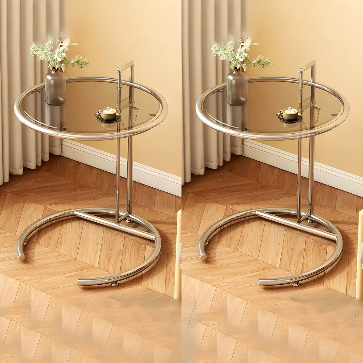 C-Shaped Round Silver Glass Adjustable Height Side Table Image - 7