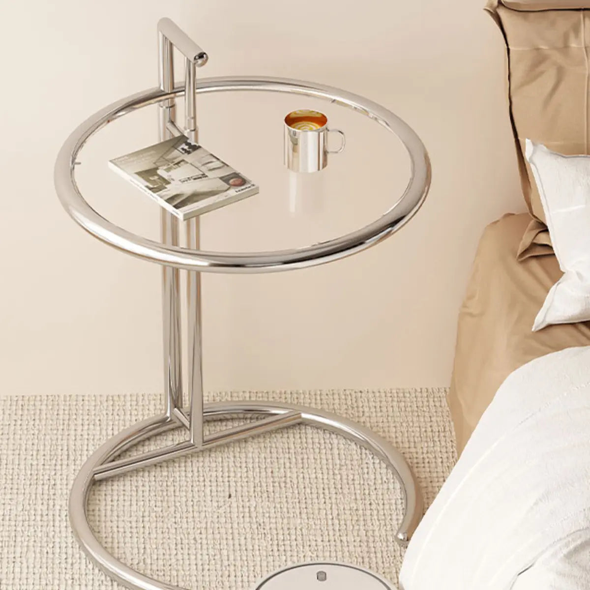 C-Shaped Round Silver Glass Adjustable Height Side Table Image - 8