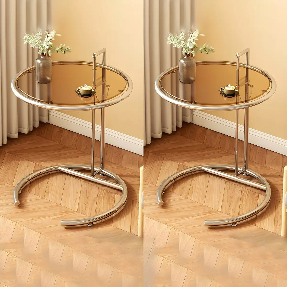 C-Shaped Round Silver Glass Adjustable Height Side Table Image - 9