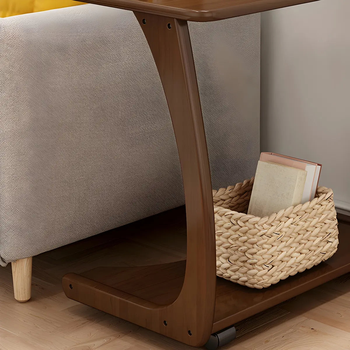 C-Shaped Walnut Brown Multipurpose Casters Side Table Image - 12