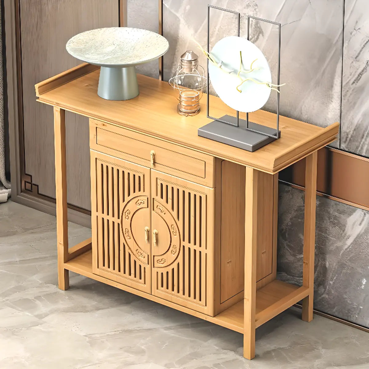 Cabinet Wood Brown Console Table with Drawers and Shelf Image - 10