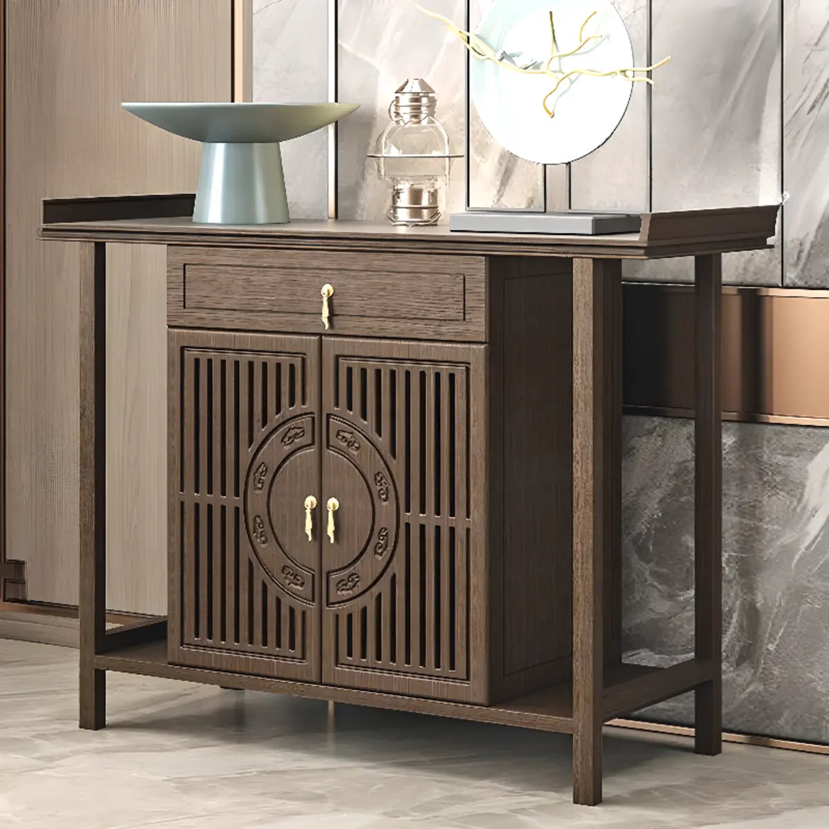 Cabinet Wood Brown Console Table with Drawers and Shelf Image - 2