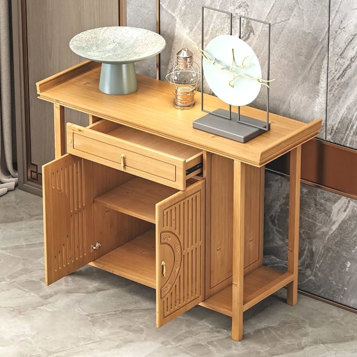 Cabinet Wood Brown Console Table with Drawers and Shelf Image - 6