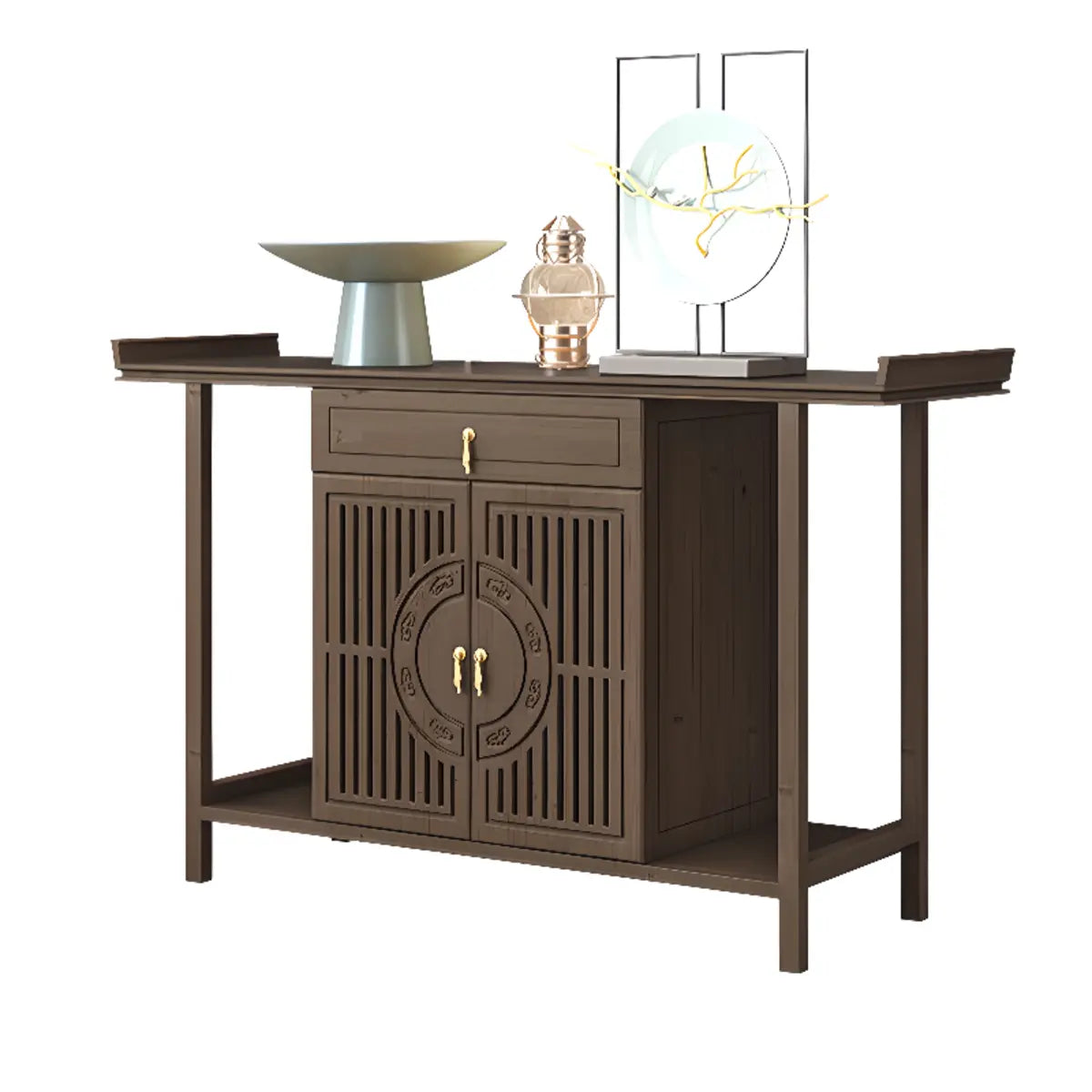 Cabinet Wood Brown Console Table with Drawers and Shelf Image - 8