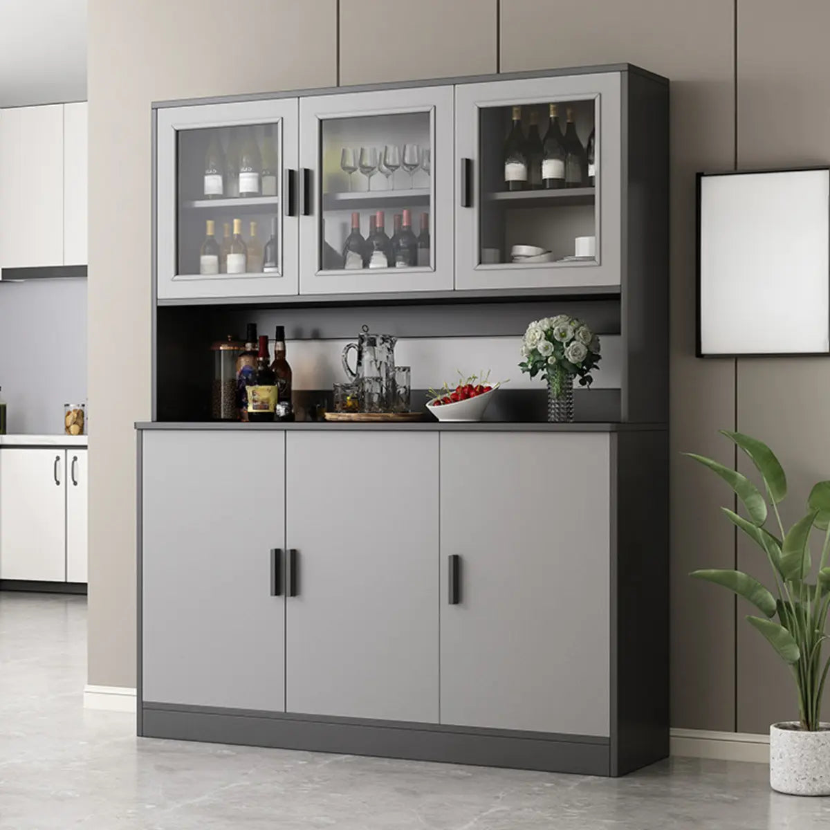 Cabinets Narrow Grey Wood Large Open Storage Buffet Image - 1