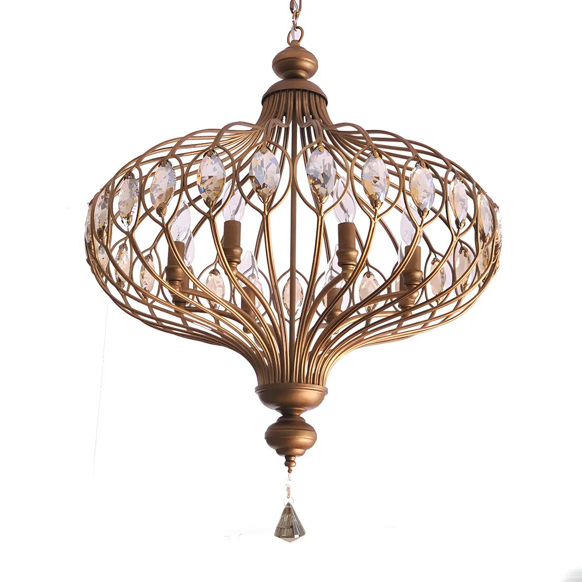 Cage Iron Gold Crystal Adjustable Height Foyer Chandelier Image - 10