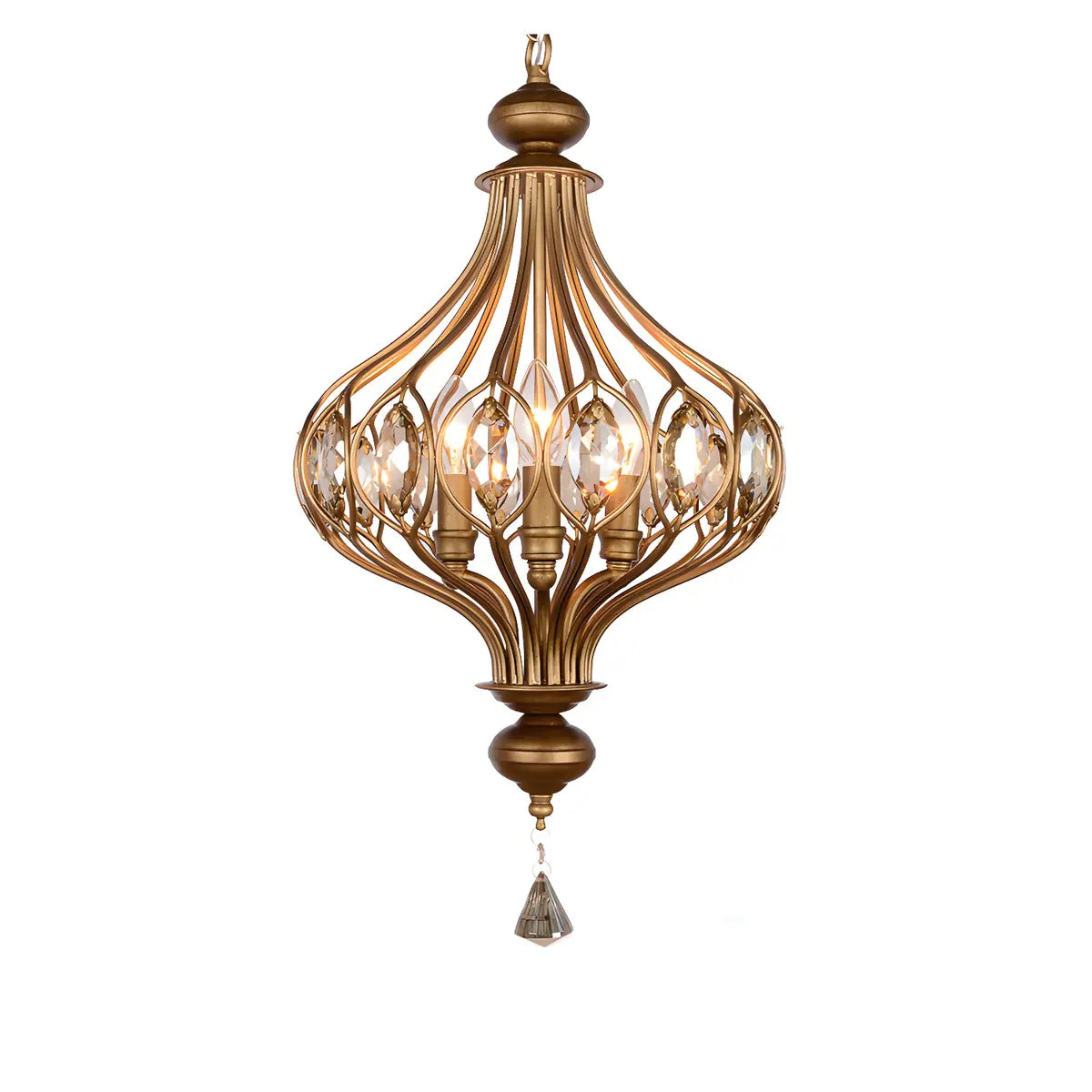 Cage Iron Gold Crystal Adjustable Height Foyer Chandelier Image - 2