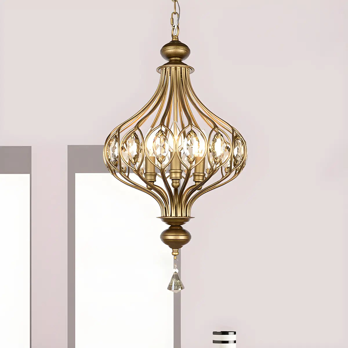 Cage Iron Gold Crystal Adjustable Height Foyer Chandelier Image - 5