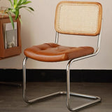 Cantilever Open Rattan Back Leather Seat Dining Chair Image - 11