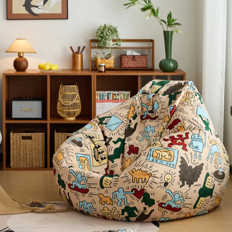 Cartoon Abstract Pattern Beige Flannel Portable Bean Bag Image - 1