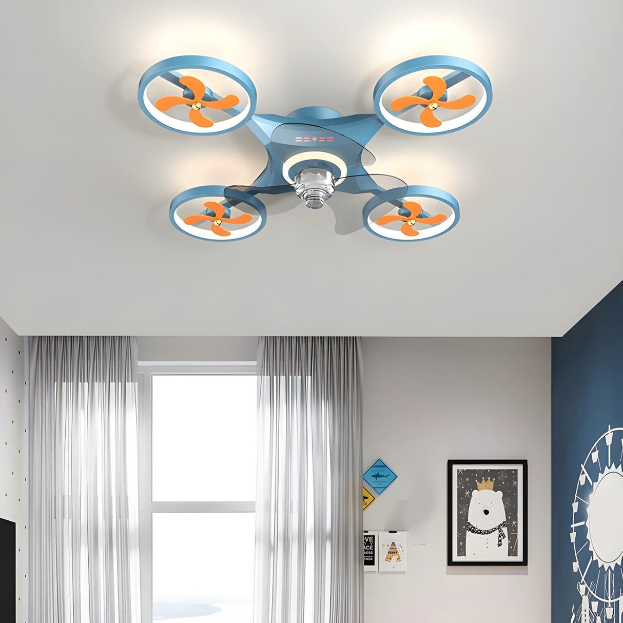 Cartoon Kids Room Drone LED Ceiling Fan with Light Image - 2