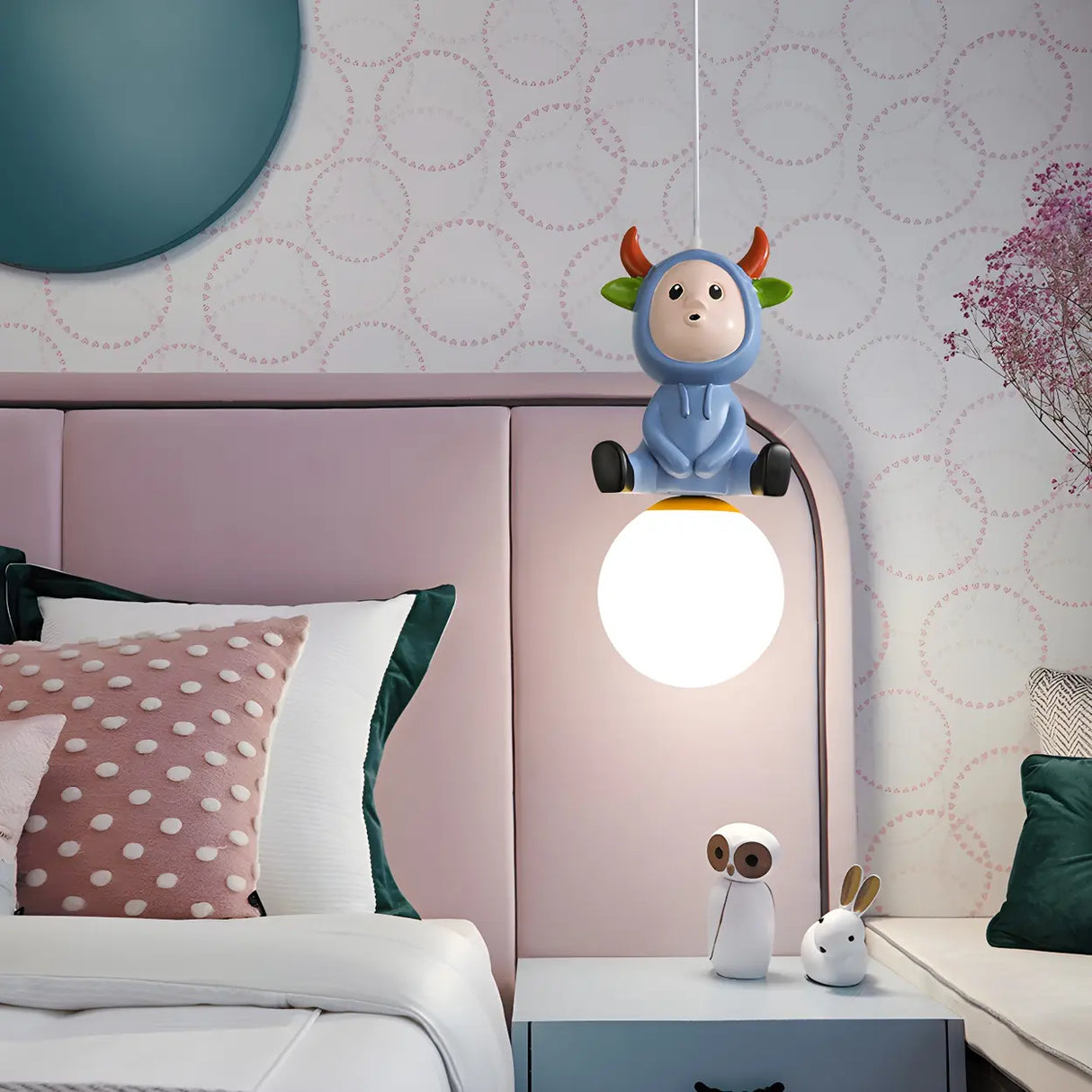 Cartoon Pink Rabbit Resin Pendant Light for Kids Room Image - 4