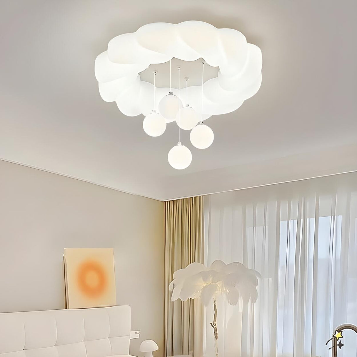 Casual Bedroom White Cloud LED Semi-Flush Mount Light Image - 4