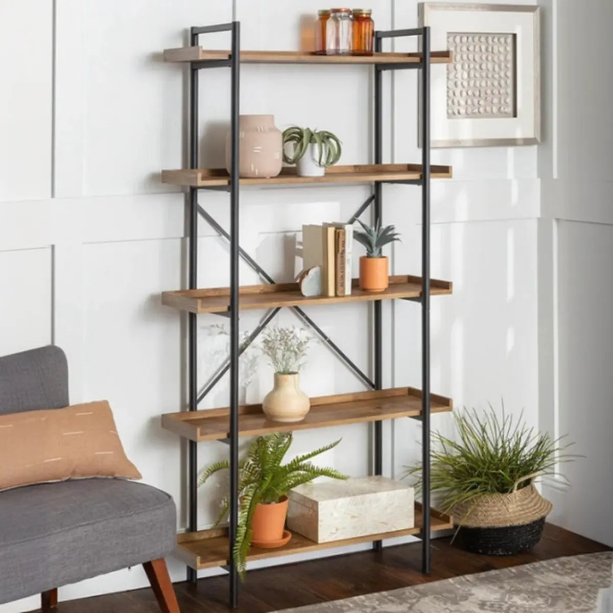 Casual Open Back Metal Frame Rectangular Bookcase Image - 4