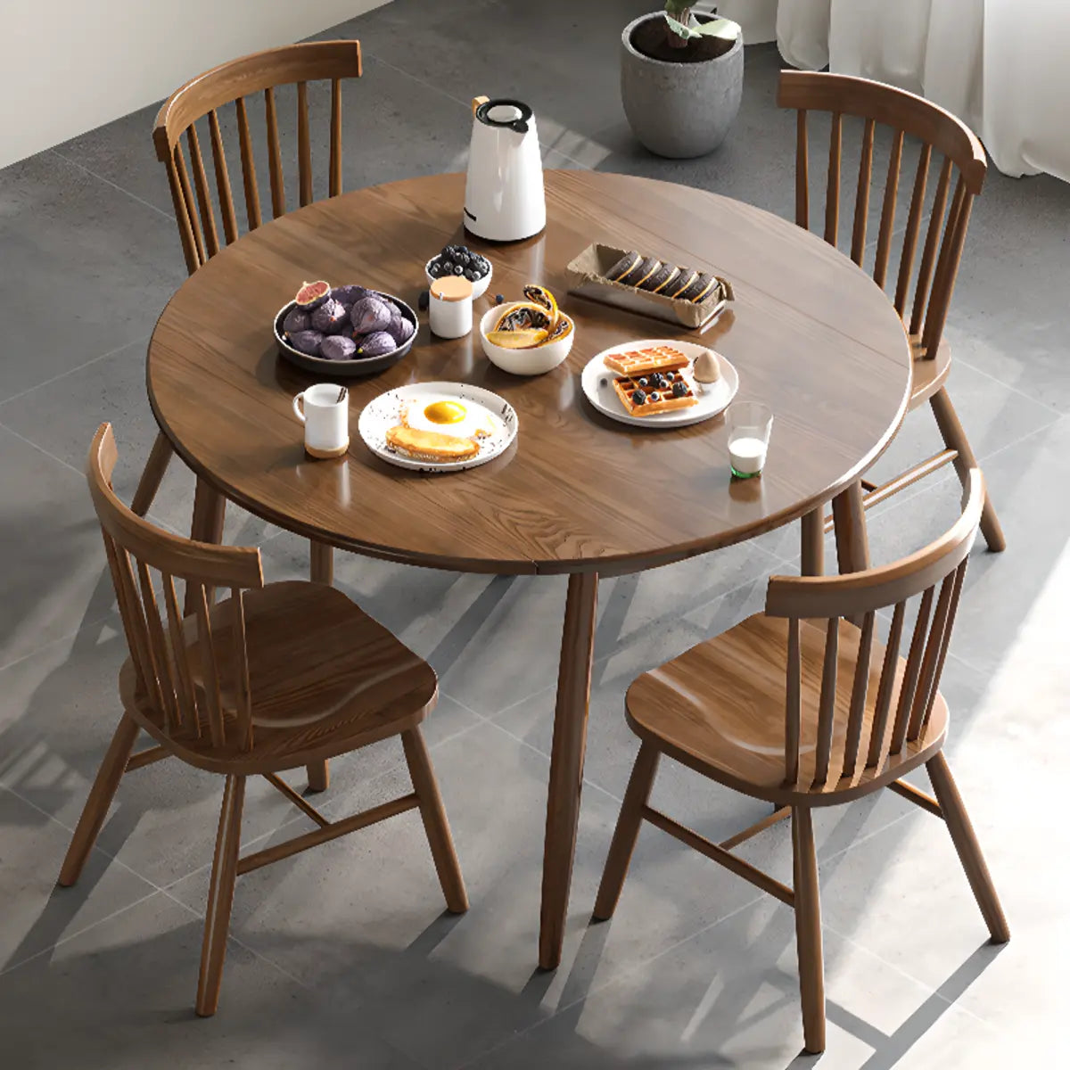 Casual Round Natural Wood Dining Table Drop Leaf Brown Image - 3