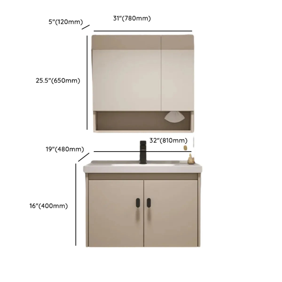 Ceramic Sink Beige Combo LED Bathroom Vanity with Mirror Image - 20