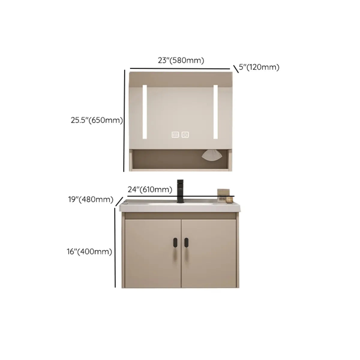 Ceramic Sink Beige Combo LED Bathroom Vanity with Mirror Image - 22