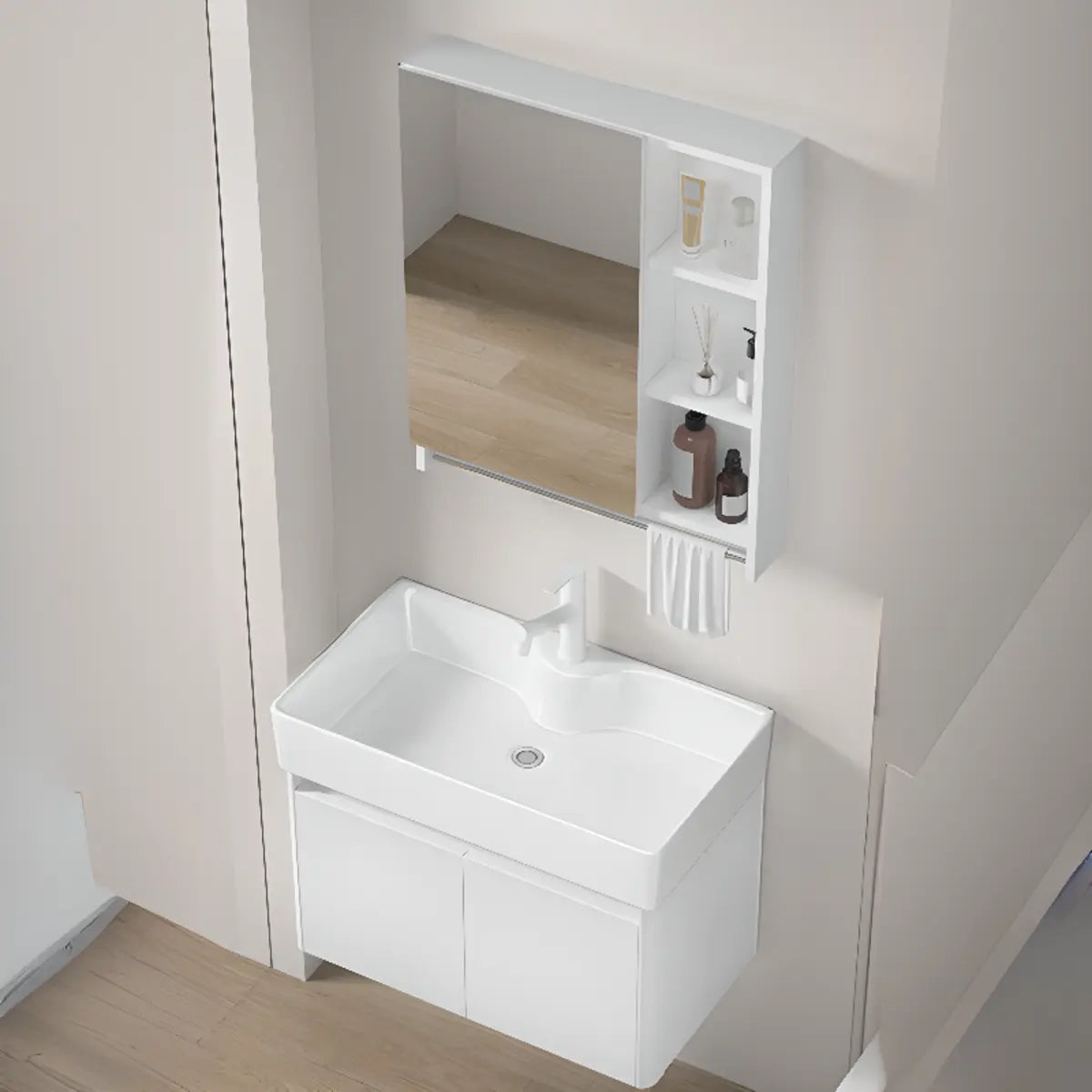 Chalk White Sink Wood Storage Wall Mounted Bathroom Vanity Image - 18