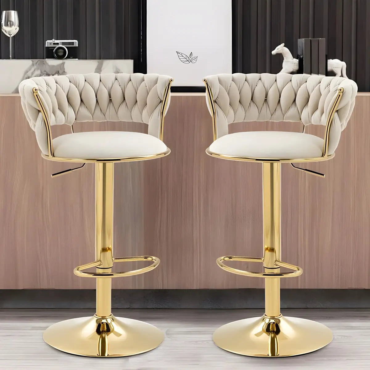 Champagne Gold Round Metal Adjustable Swivel Bar Stool Image - 1