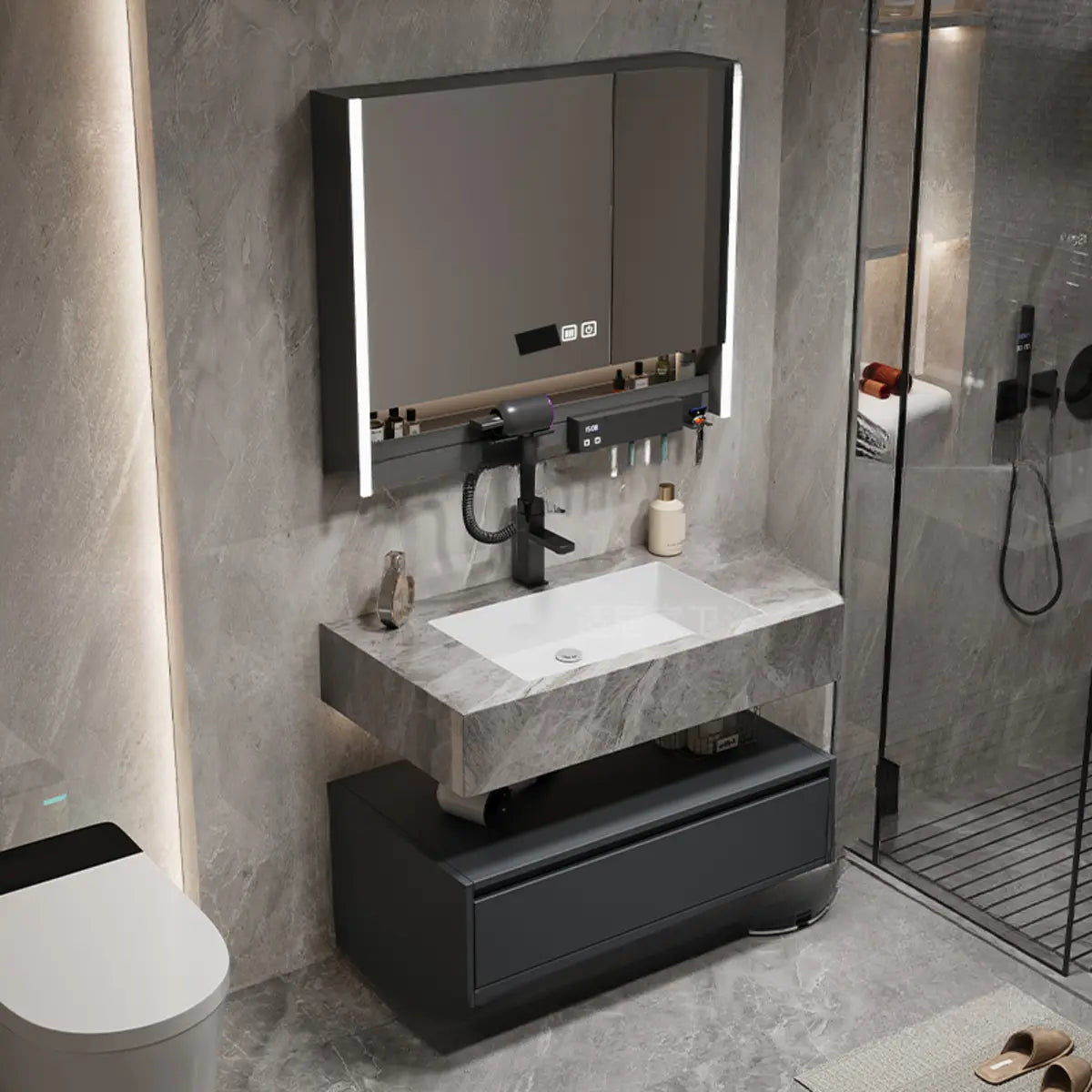 Charcoal Wall Mounted Stone Sink Bathroom Vanity with Mirror Image - 11