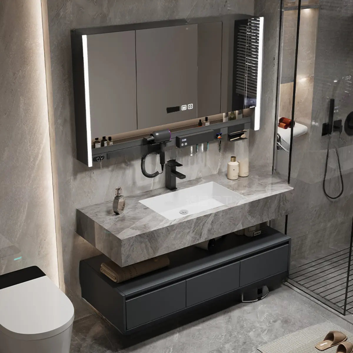 Charcoal Wall Mounted Stone Sink Bathroom Vanity with Mirror Image - 15