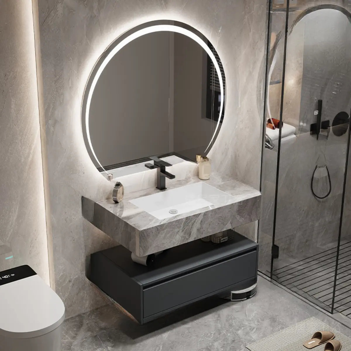 Charcoal Wall Mounted Stone Sink Bathroom Vanity with Mirror Image - 2