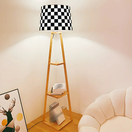 Checkered Modern Wood Tripod LED Floor Lamp with Shelf Image - 1