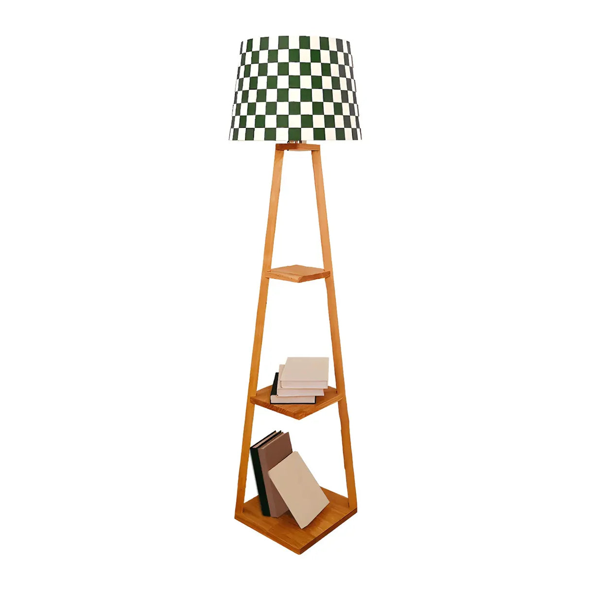 Checkered Modern Wood Tripod LED Floor Lamp with Shelf Image - 10