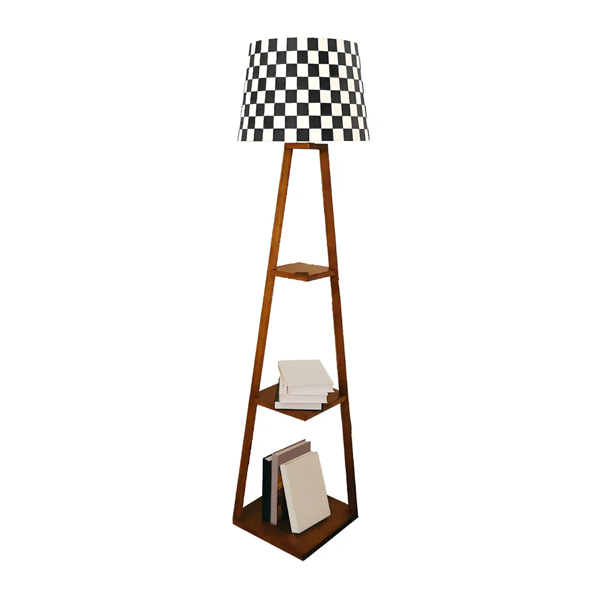 Checkered Modern Wood Tripod LED Floor Lamp with Shelf Image - 11