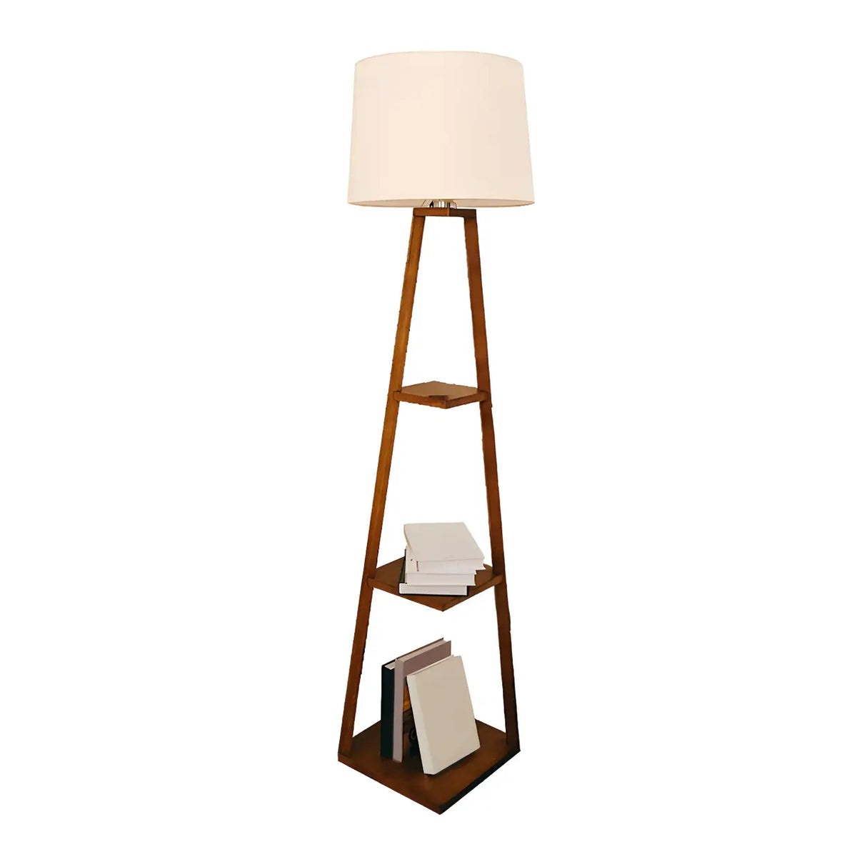 Checkered Modern Wood Tripod LED Floor Lamp with Shelf Image - 12