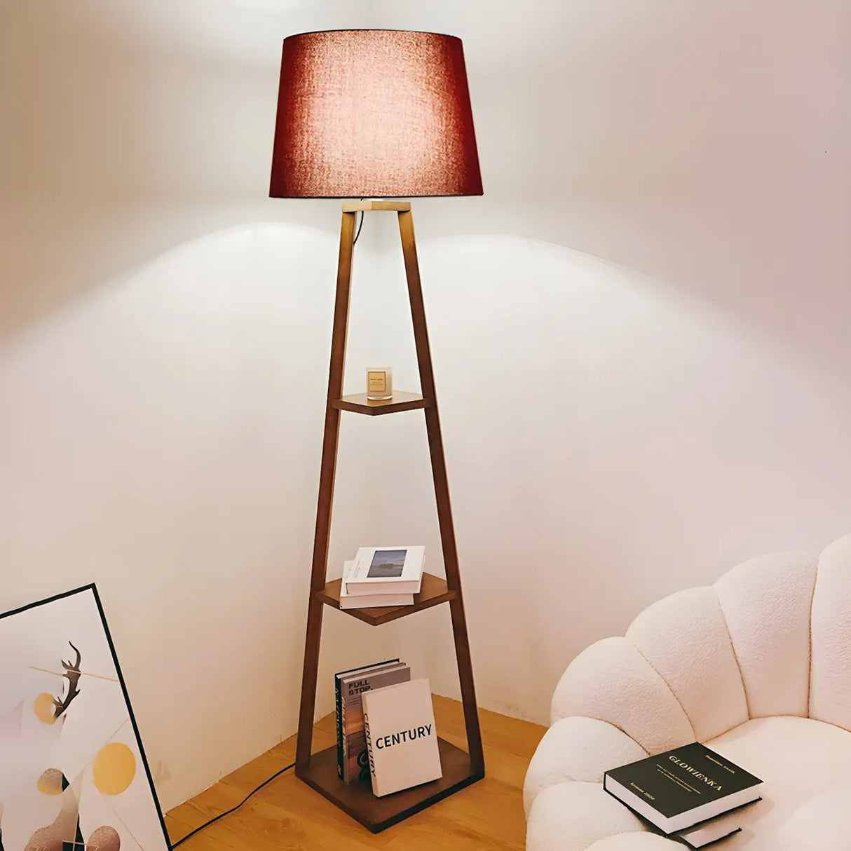 Checkered Modern Wood Tripod LED Floor Lamp with Shelf Image - 15