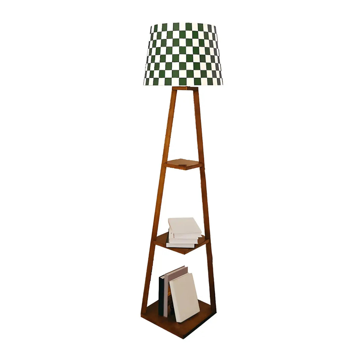 Checkered Modern Wood Tripod LED Floor Lamp with Shelf Image - 2